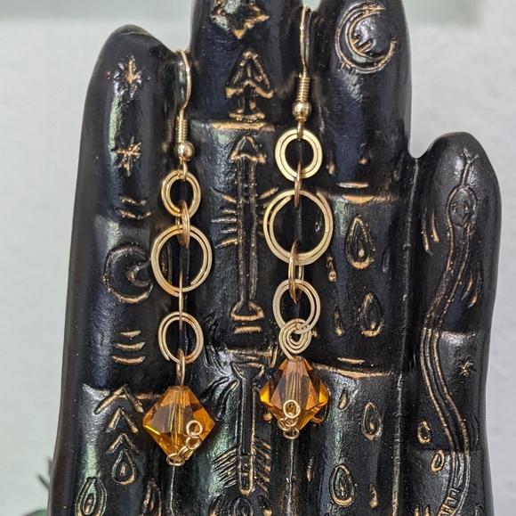 Gold & Czech Glass Earrings Mini Hoops Spiral Amber Artisan Wrapped Cute Unique - Picture 6 of 7